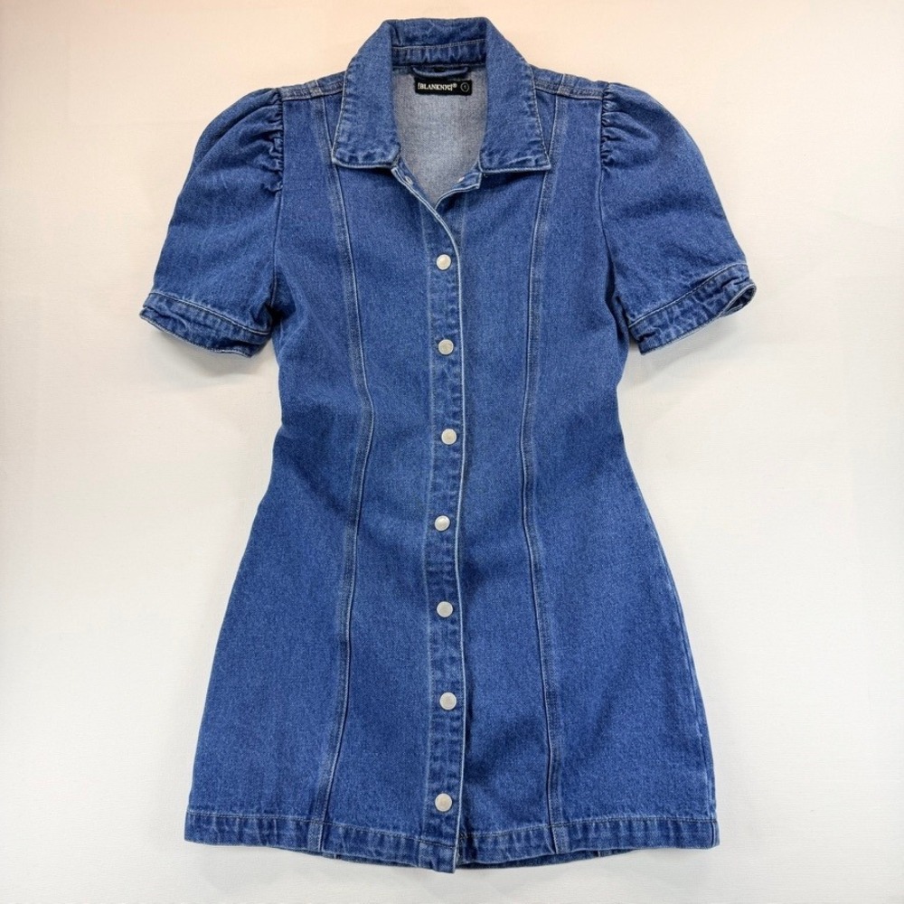 BLANKNYC Denim Puff Sleeve Snap Front Mini Dress Blue Size Small